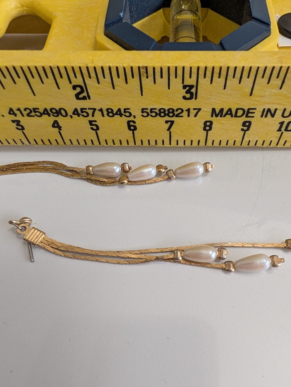 Vintage Gold-Tone Snake Chain Faux Pearl Dangle Drop Earrings - Picture 2 of 5